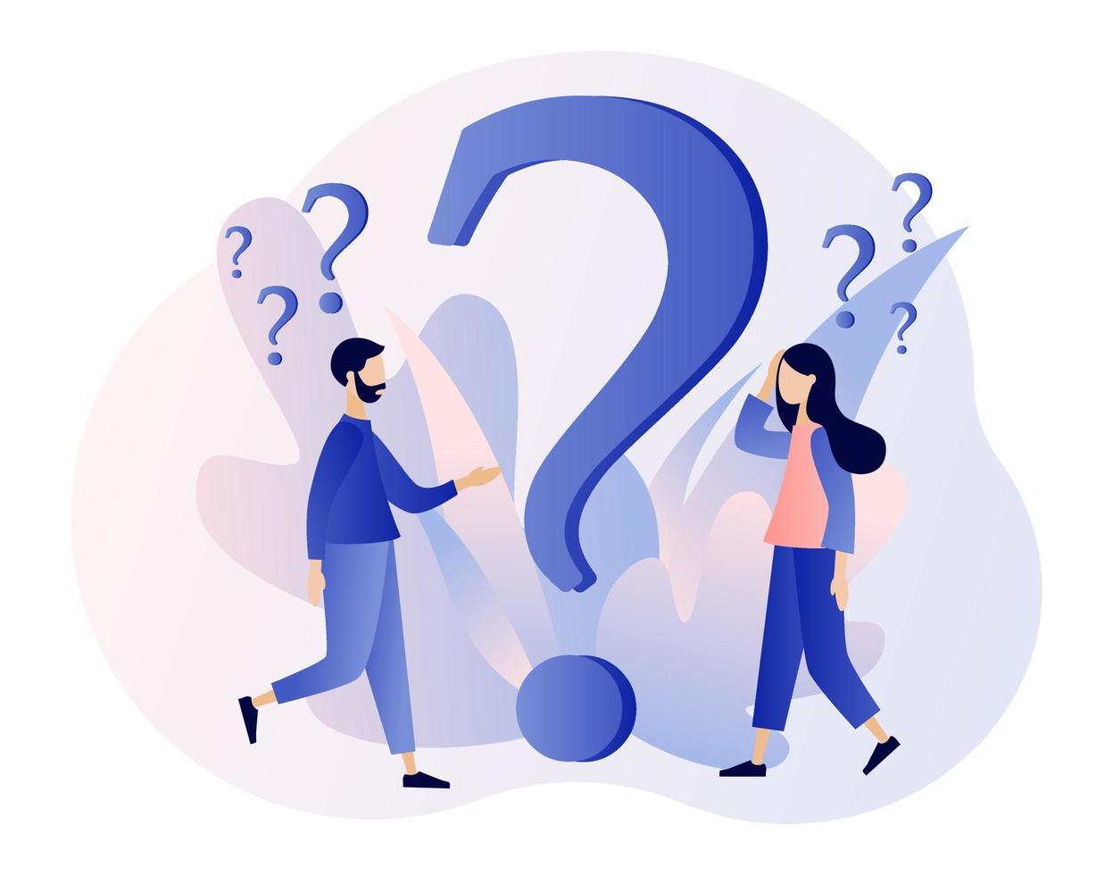 FAQ concept set. People around exclamations and question marks. Metaphor question answer. Modern flat cartoon style. Vector illustration