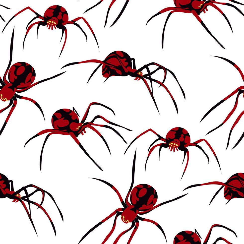 Pattern with spiders on a white background. Vector illustration of a black and red spider of different sizes with a pattern on the body. Printing on textiles and paper. Gift wrapping for Halloween