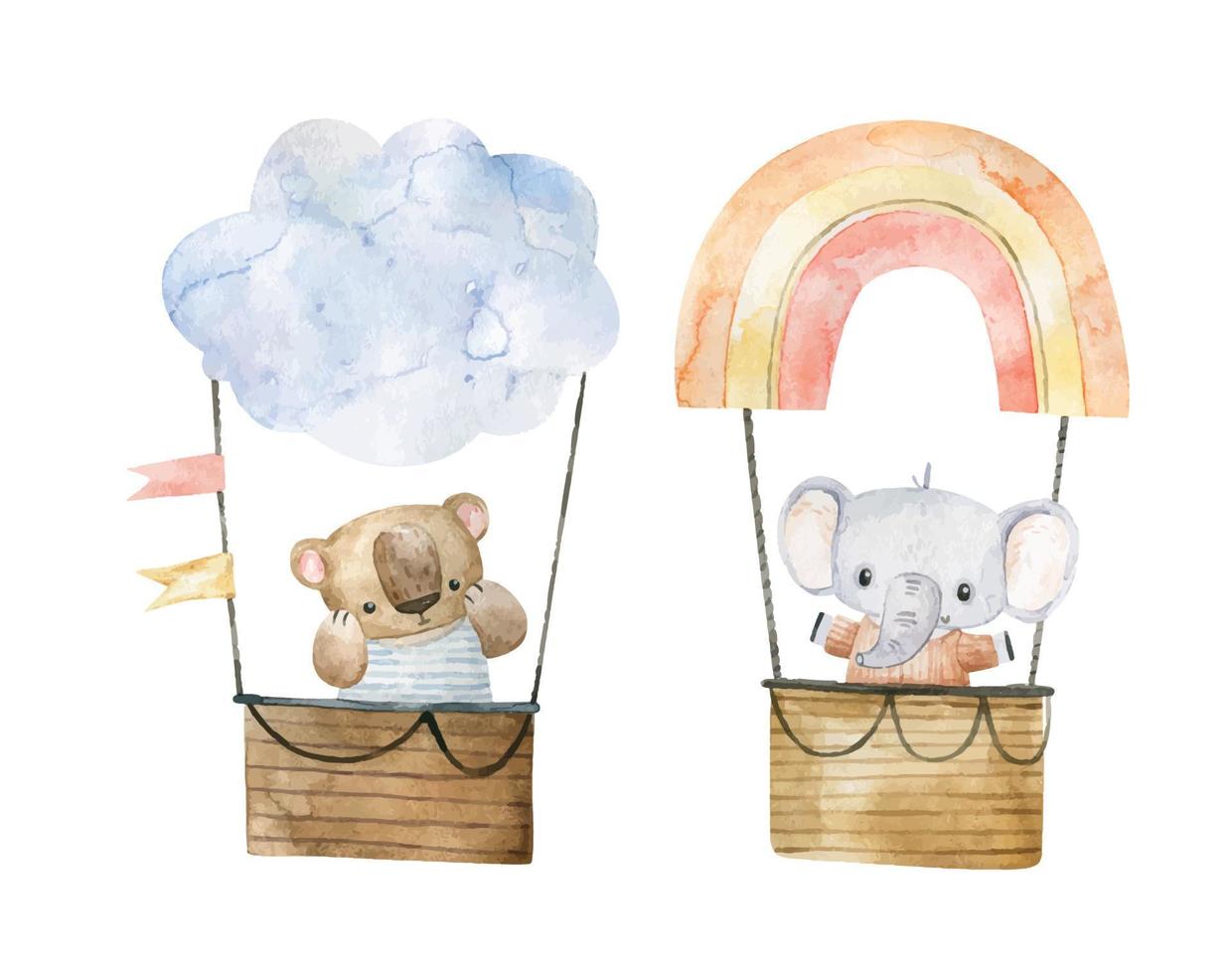 linda infantil ilustración con animales en caliente aire globo, transporte. aventuras póster vector
