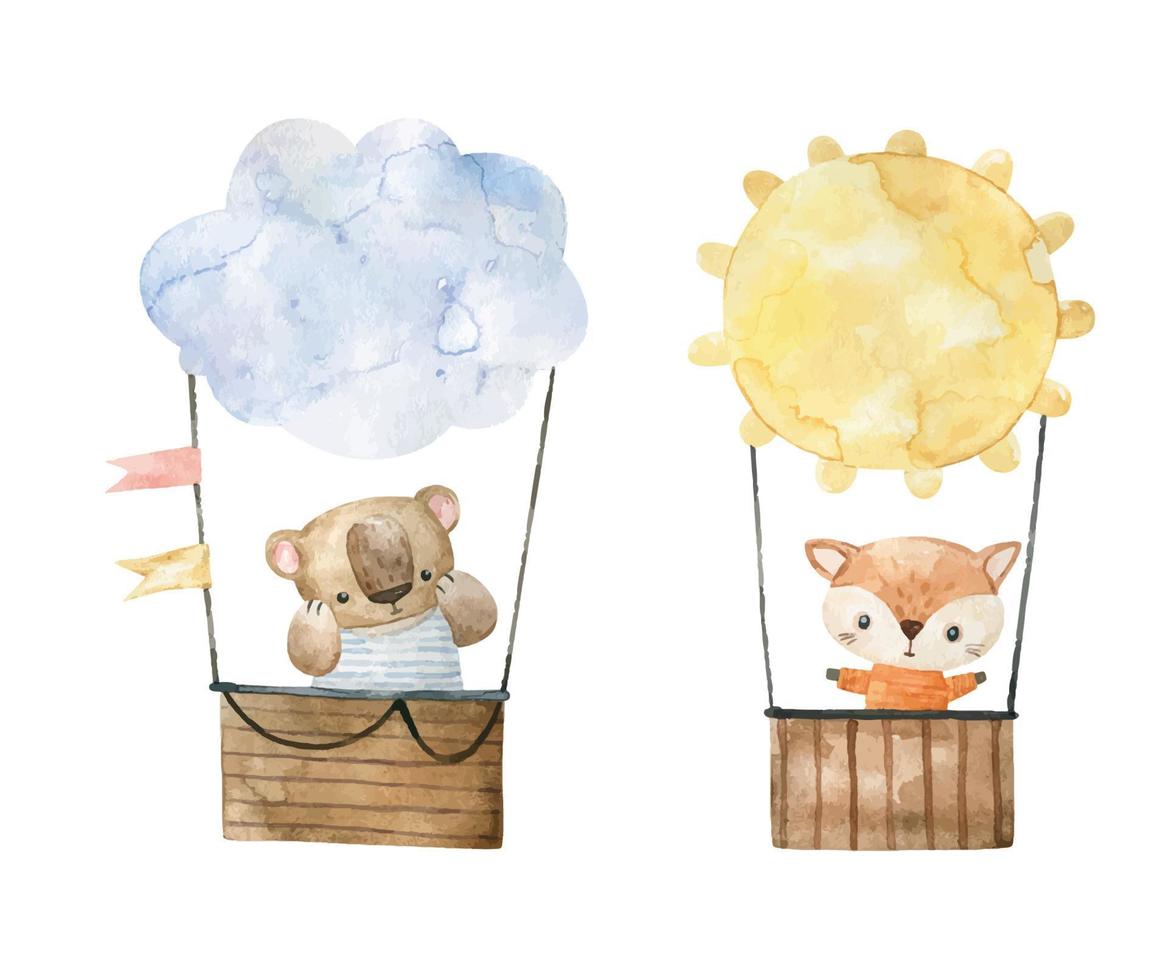 cute childish illustration with animals on hot air balloon, transport. Adventure poster vector
