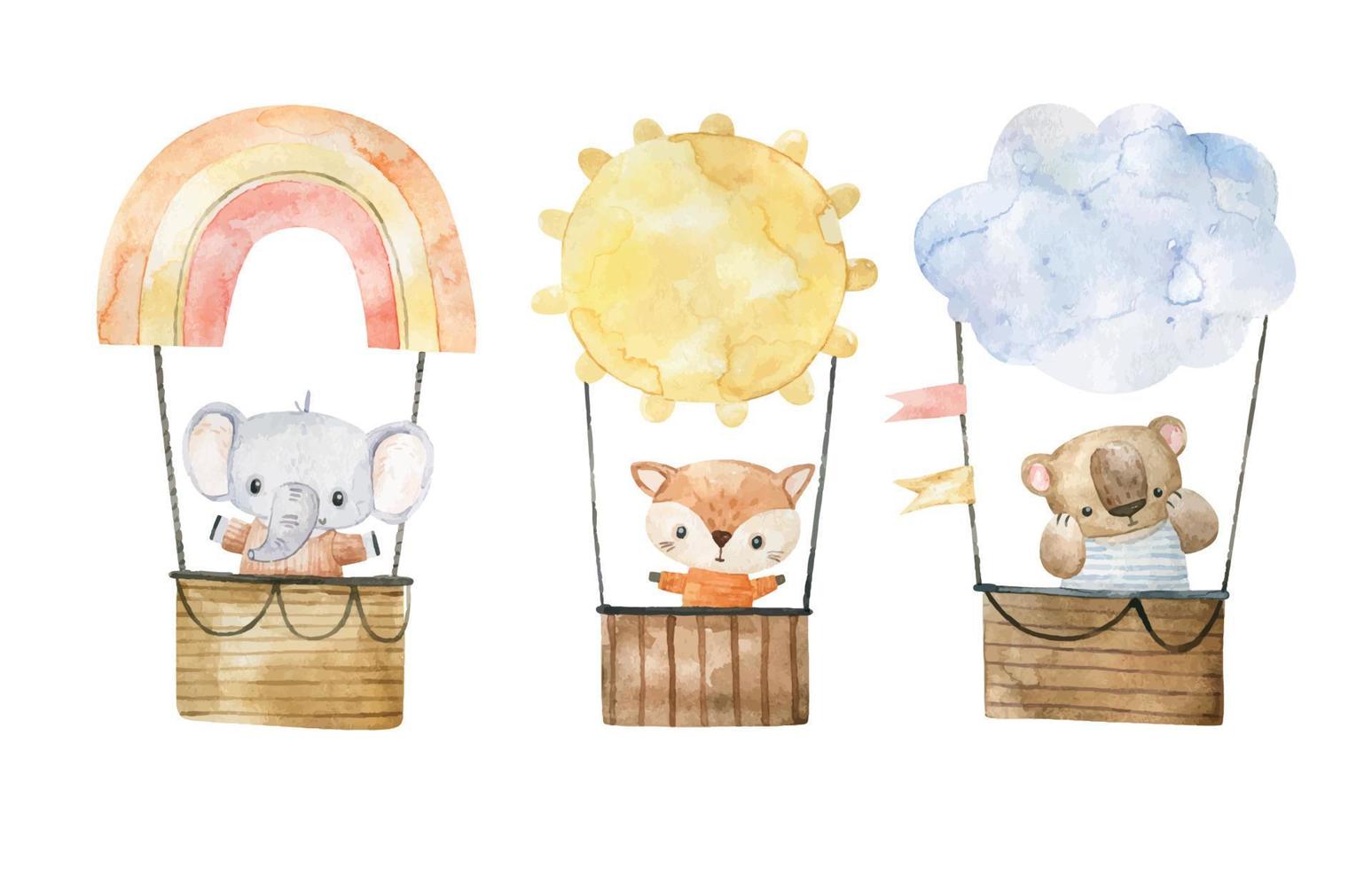 cute childish illustration with animals on hot air balloon, transport. Adventure poster vector