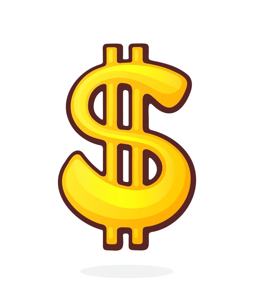 Cartoon illustration of golden dollar sign with two vertical lines. The symbol of world currencies vector