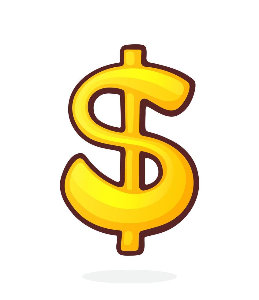 Cartoon illustration of golden dollar sign with one vertical line. The symbol of world currencies vector