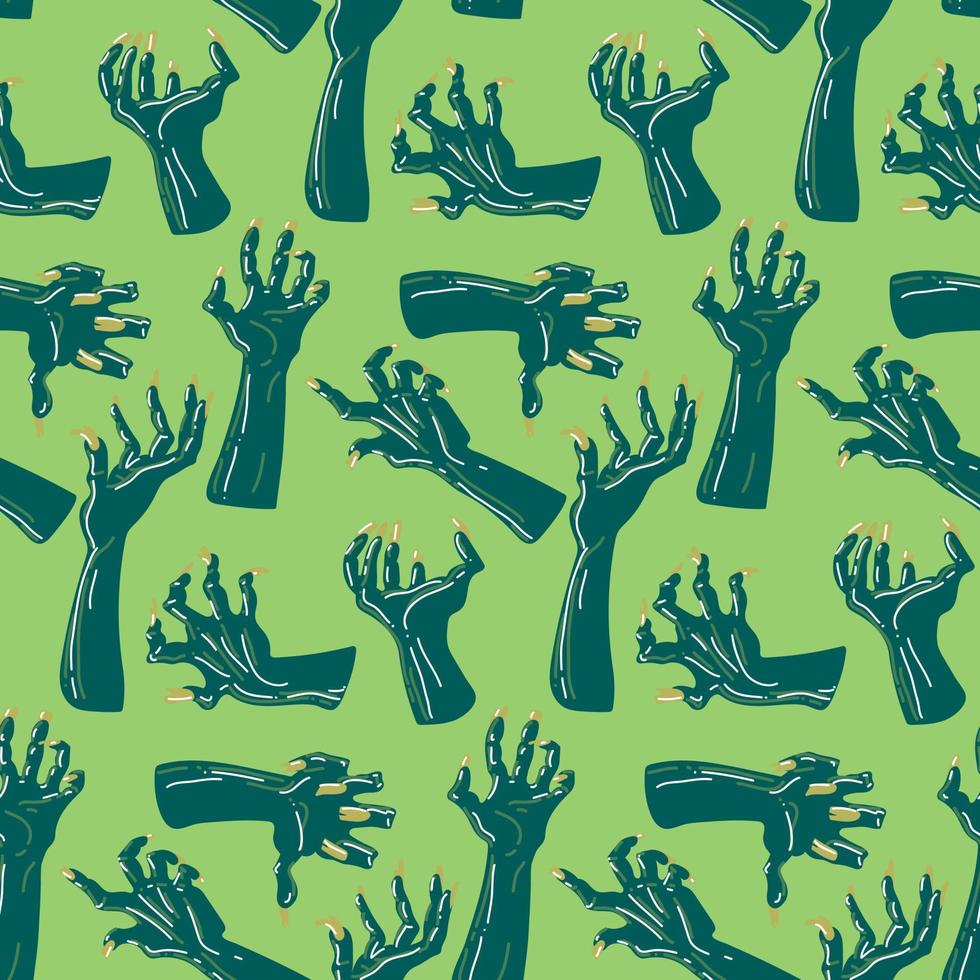 A pattern of dead man's hands, zombie hands trying to grab each other in retro style. Attacking green hands. It is well suited for Halloween-style decoration of paper and textile products vector