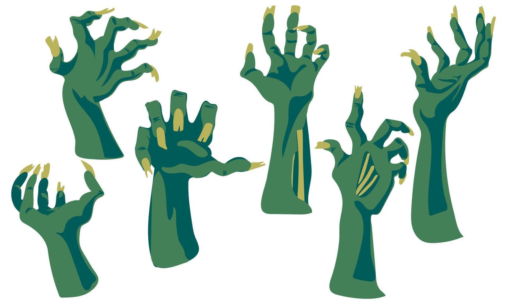 A set of zombie hands on a white background. An isolated collection of rotten blue hands with damage. Hands from the graves. Printing for Halloween party cards, T-shirts, stickers, mugs. Individual vector