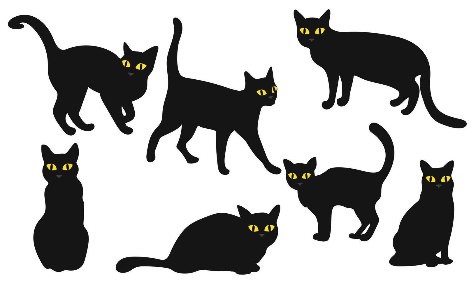 un conjunto de negro gatos en diferente poses para Víspera de Todos los Santos. gatos en un sencillo negro estilo con brillante amarillo ojos. un colección de elementos con diferente emociones en un gato vector