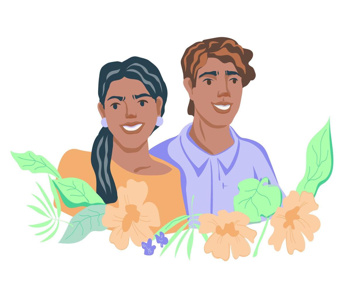 Happy smiling man and woman portrait in frame of flowers. Happy cheerful positive couple with attractive smiles, flat vector illustration isolated on white background.