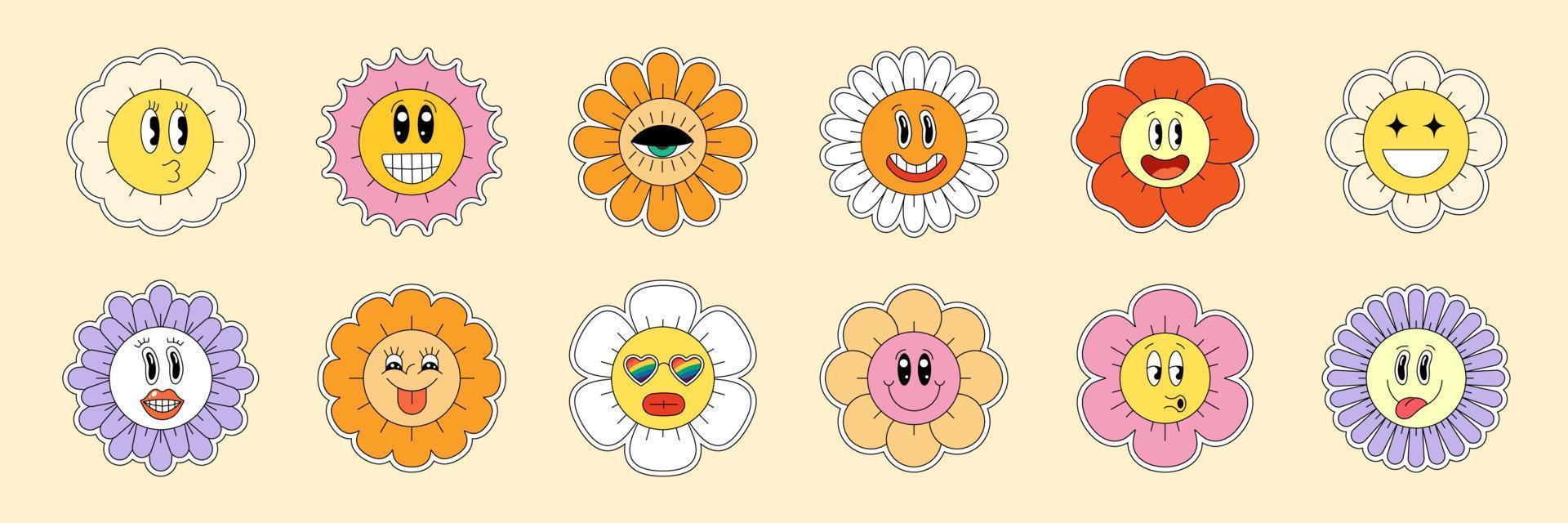 hippie manzanilla sonriente caracteres bueno vibras. gracioso retro margarita recopilación. psicodélico flor caras en positivo Clásico dibujos animados estilo. de moda maravilloso y2y popular pegatina paquete diseño. vector eps elementos