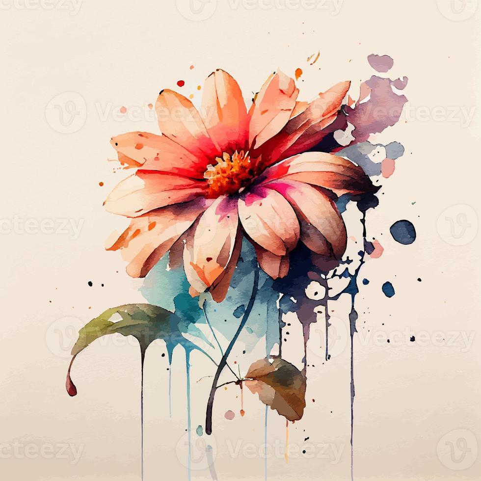 Flower Gerbera with paint drops and dots hand drawn. Vector watercolor illustration photo