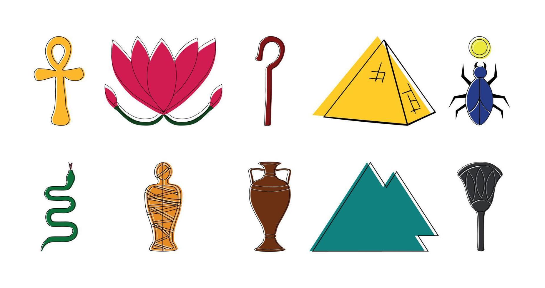 Egyptian icons set. Ankh, lotus, scepter, pyramid, scarab, snake, mummy, vase, Egyptian lotus vector