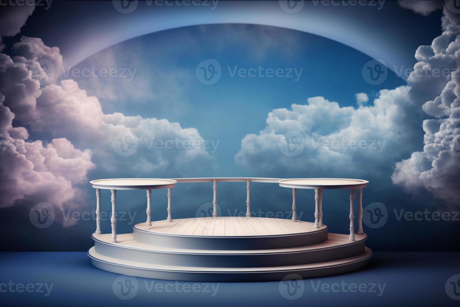 Realistic white fluffy clouds in product podium. 3d rendered geometric shape sky cloud blue pastel photo