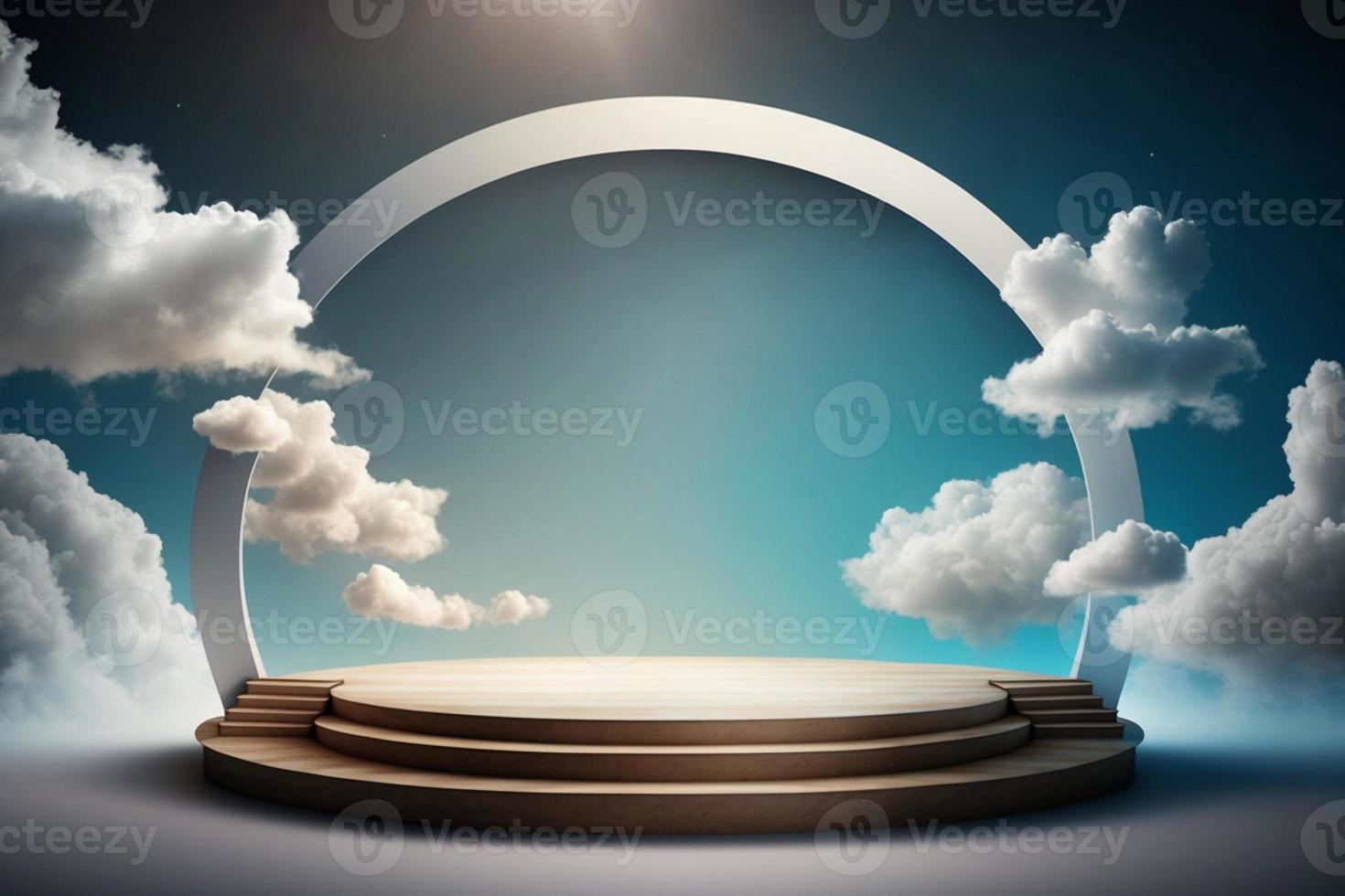 Realistic white fluffy clouds in product podium. 3d rendered geometric shape sky cloud blue pastel photo