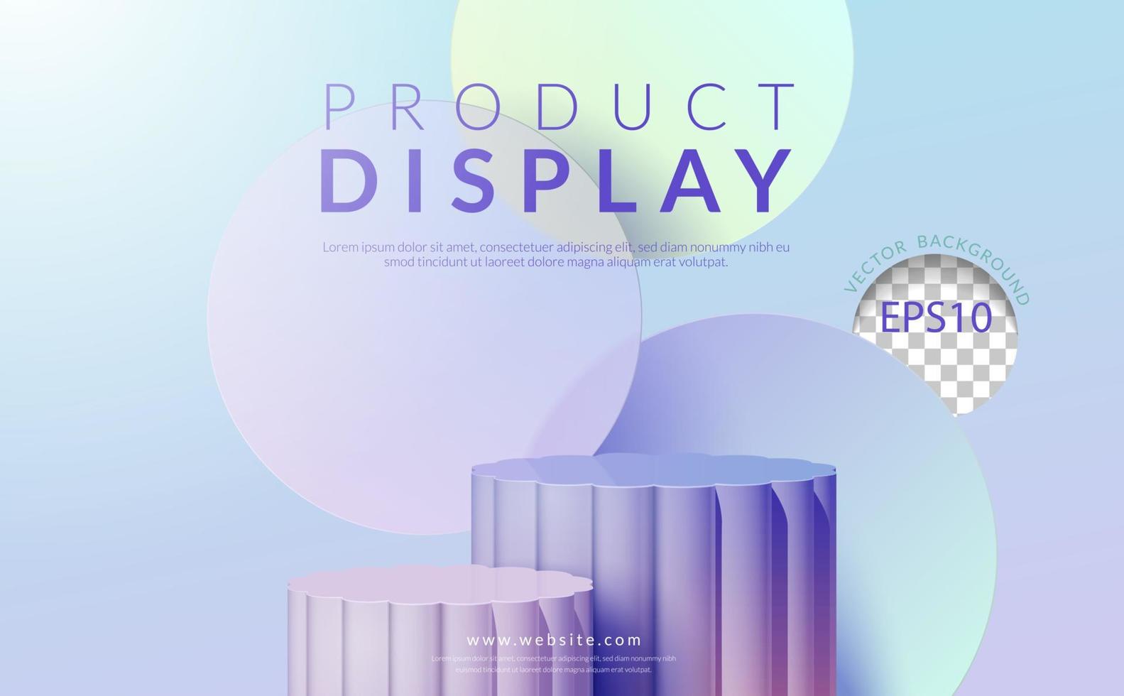 Purple 3d pedestal podium with colorful circle glass floating overlap backdrop. Minimal scene for product display stage showcase, promotion display. Vector illustration