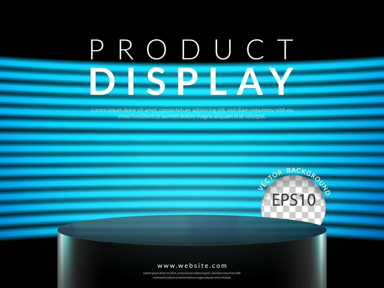 Close up empty black podium in dark scene with wall of line horizontal blue neon light on background. Vector illustration