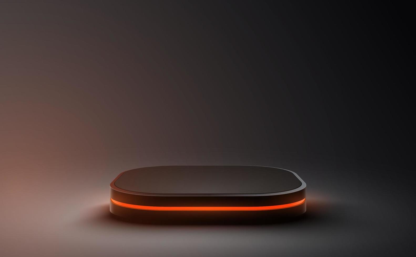 Empty podium with orange line neon on black background. 3d render. Vector illustration