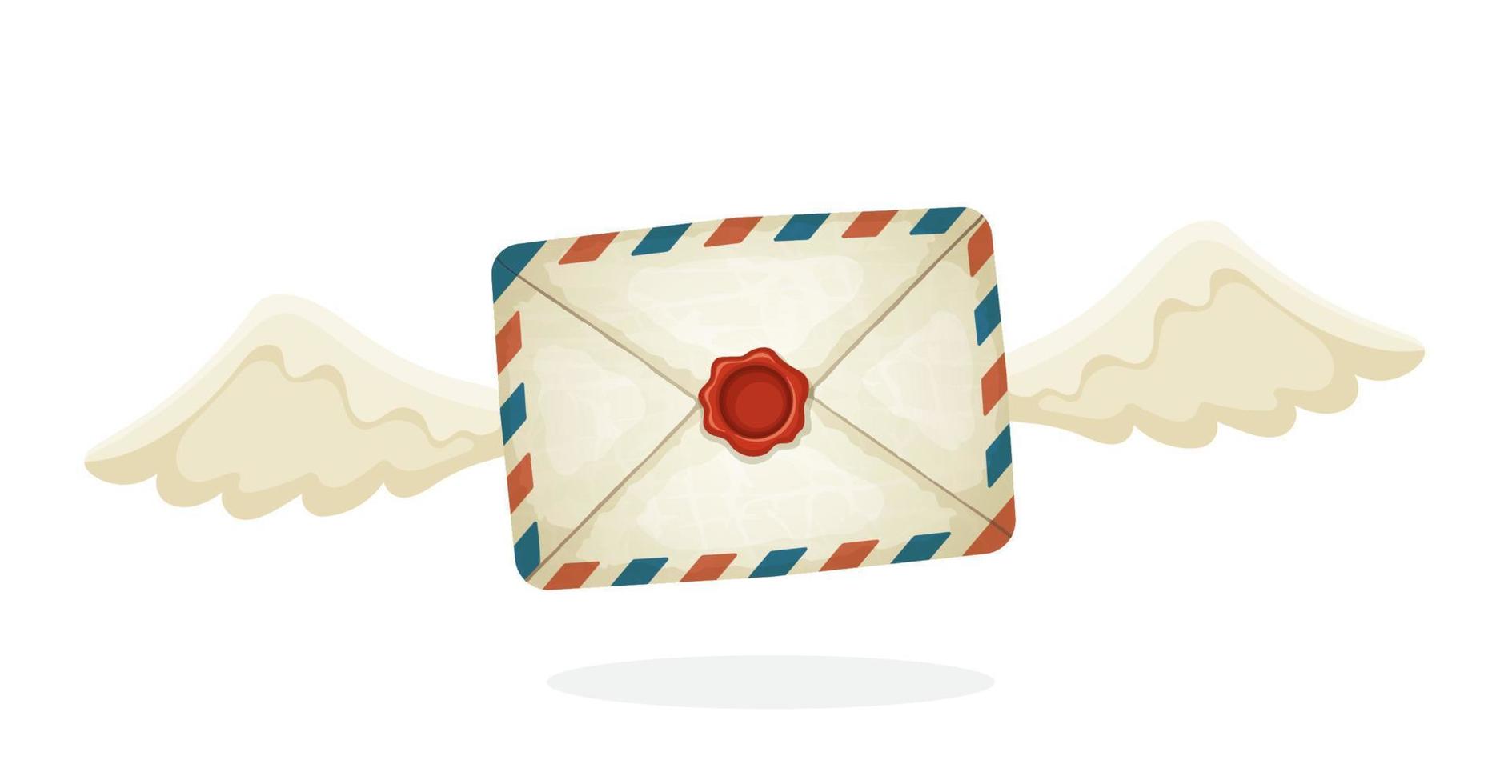 Flying closed vintage mail envelope with wax seal and wings vector