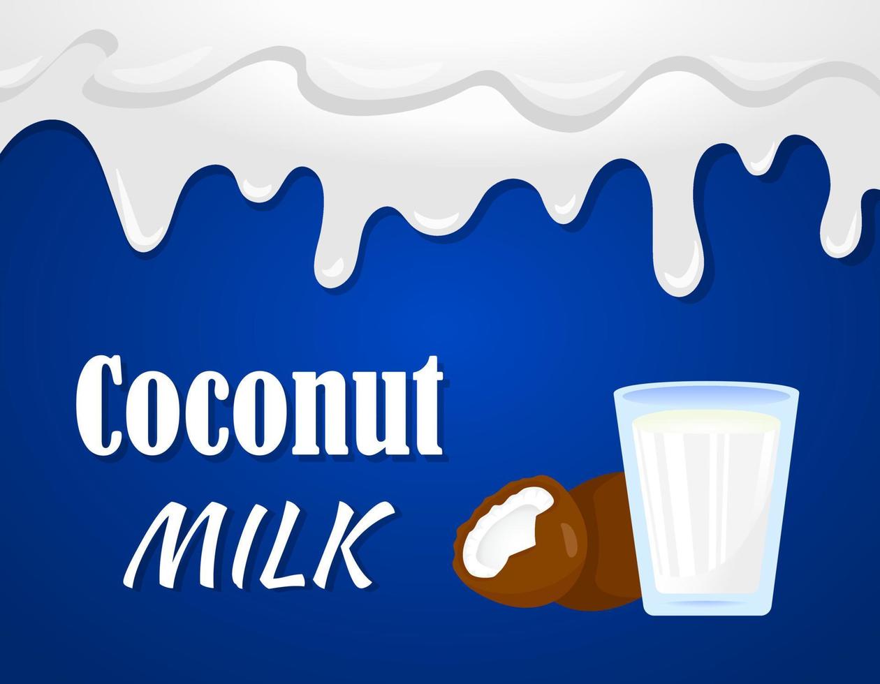 Realistic cartoon plant milk banner. Colorful coconut milk vector illustration. Glass of milk, coco nut and milk splash border on blue background.