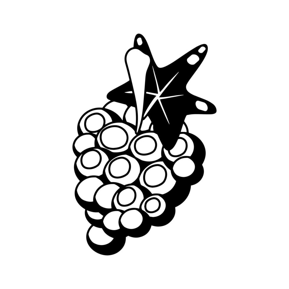Wine grapes fruit black icon isolated on white background. Doodle simple vector emblem, summer juicy food. Juice package or logo design element.