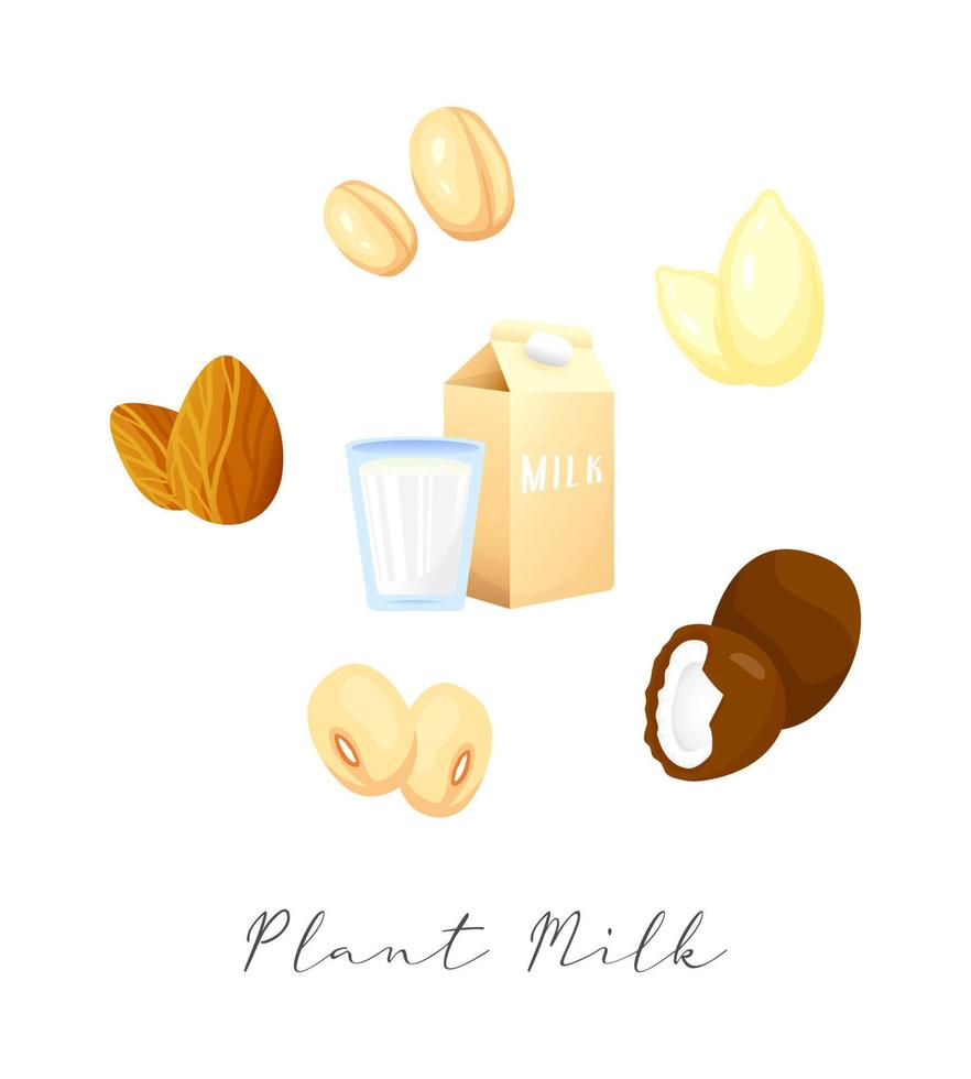 Realistic cartoon plant milk banner. Colorful different lactose free milk vector illustration. Glass of milk, milk bottle and alternative milk variations icon isolated on white background.