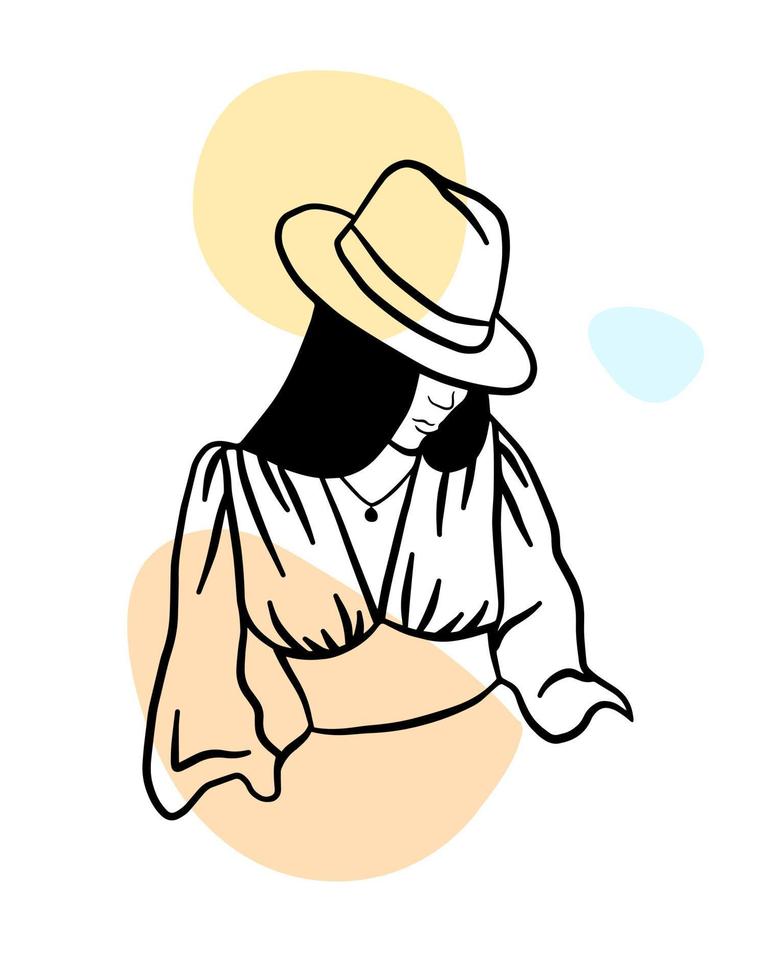 resumen contorno mujer cara póster recopilación. sencillo vector mano dibujado ilustración. Moda belleza impresión. línea Arte hembra retrato, niña con rodeo sombrero.