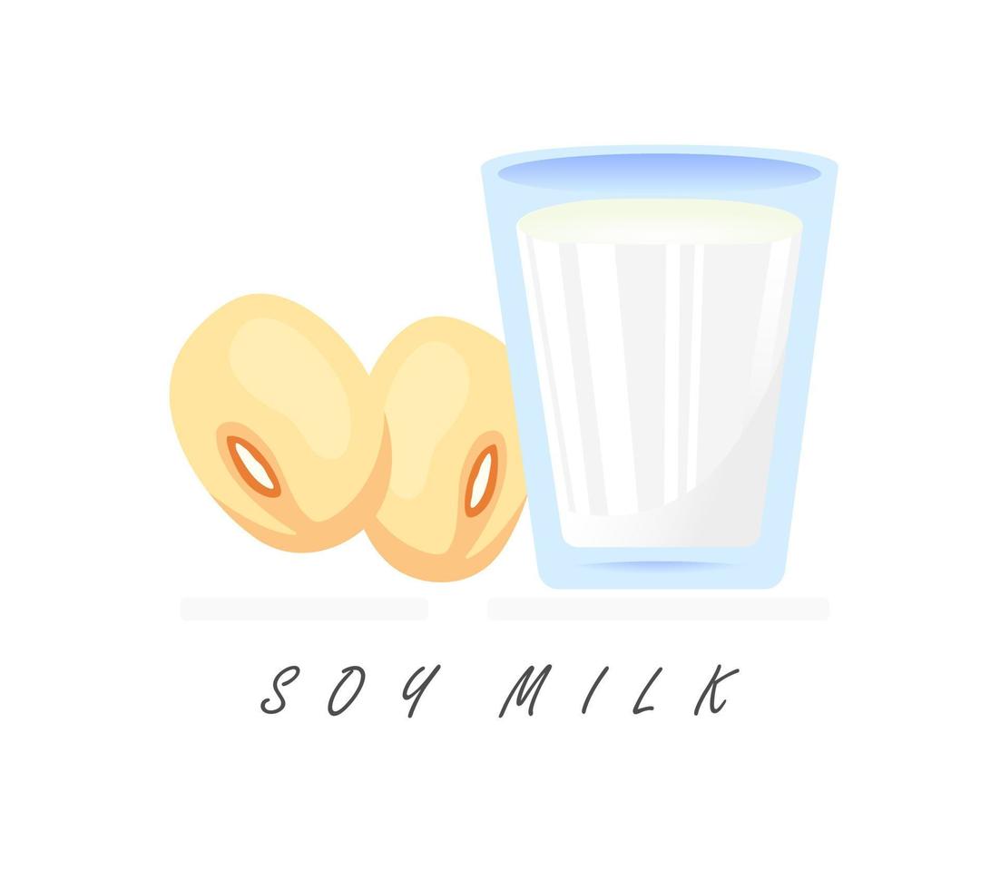 Realistic cartoon plant soyamilk banner. Colorful soy milk vector illustration. Glass of milk and soy beans icon isolated on white background.