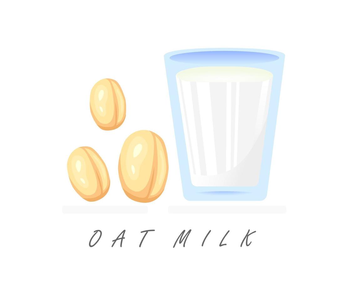 Realistic cartoon plant milk banner. Colorful oat milk vector illustration. Glass of milk and oat grains label isolated on white background.