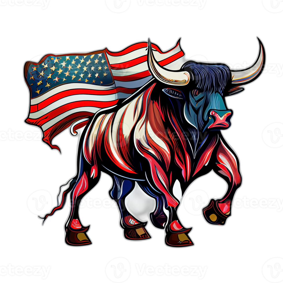 amerikanisch Patriot Stier Kuh, Büffel, Kunstwerk, Illustration, Vektor, Grafik. Amerika Patriotismus Kunst T-Shirt Design, T-Shirt, ai generativ png