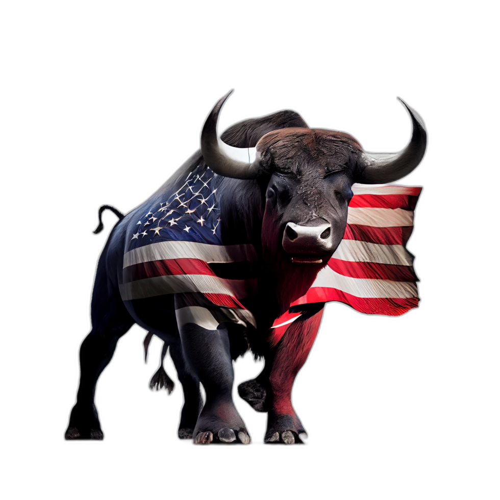 Amerikaans patriot stier koe, buffel, kunstwerk, illustratie, vector, grafisch. Amerika patriottisme kunst t-shirt ontwerp, t-shirt, ai generatief png