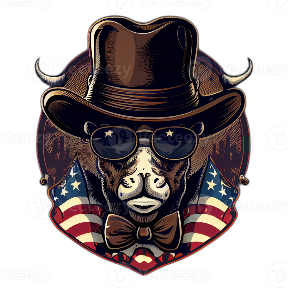 Amerikaans patriot stier koe, buffel, kunstwerk, illustratie, vector, grafisch. Amerika patriottisme kunst t-shirt ontwerp, t-shirt, ai generatief png