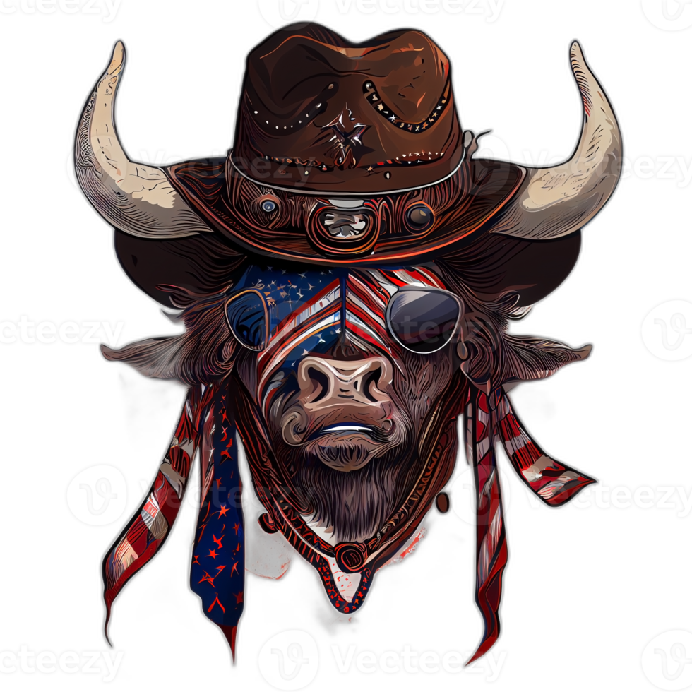 amerikan patriot tjur ko, buffel, konstverk, illustration, vektor, grafisk. Amerika patriotism konst tshirt design, t-shirt, ai generativ png