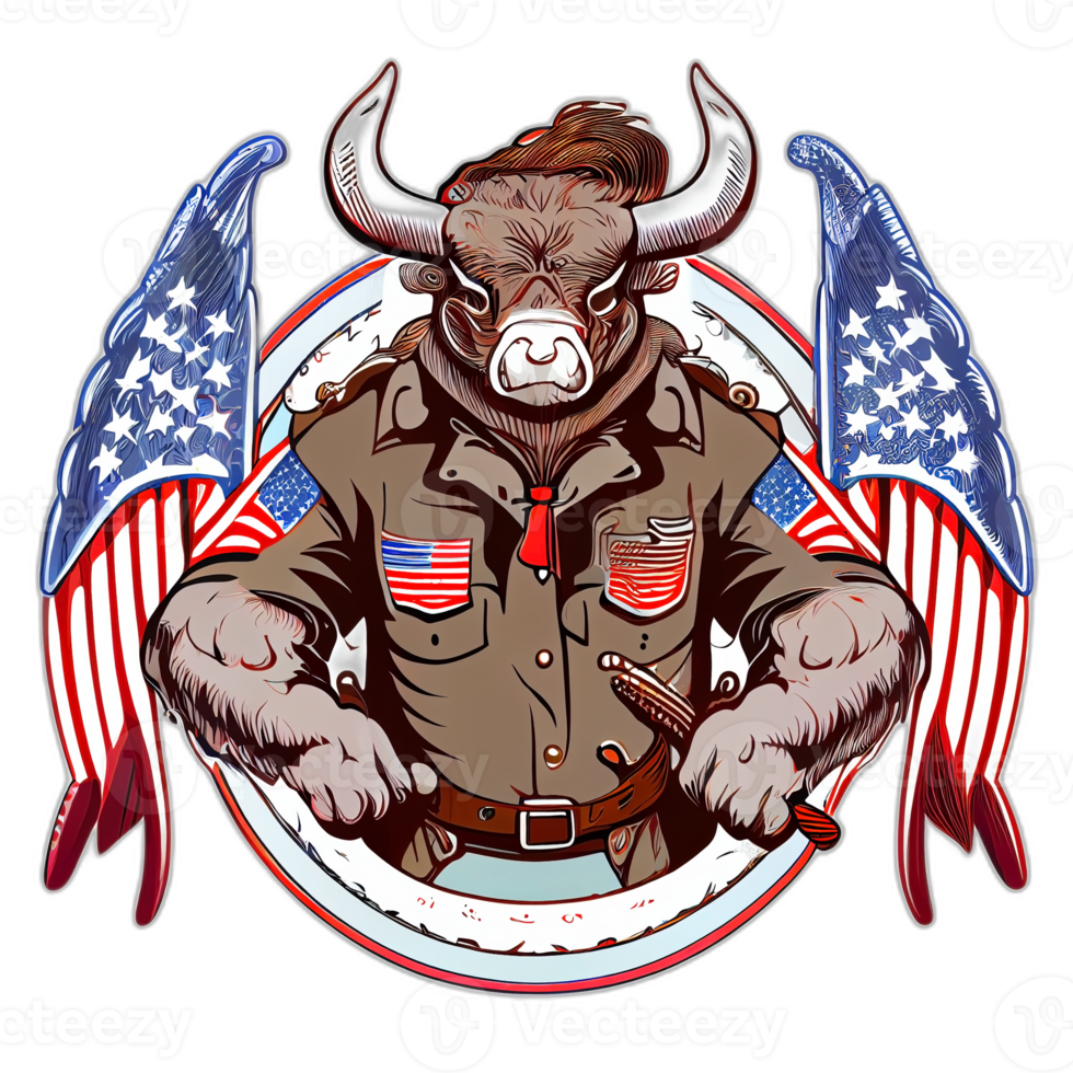 Amerikaans patriot stier koe, buffel, kunstwerk, illustratie, vector, grafisch. Amerika patriottisme kunst t-shirt ontwerp, t-shirt, ai generatief png