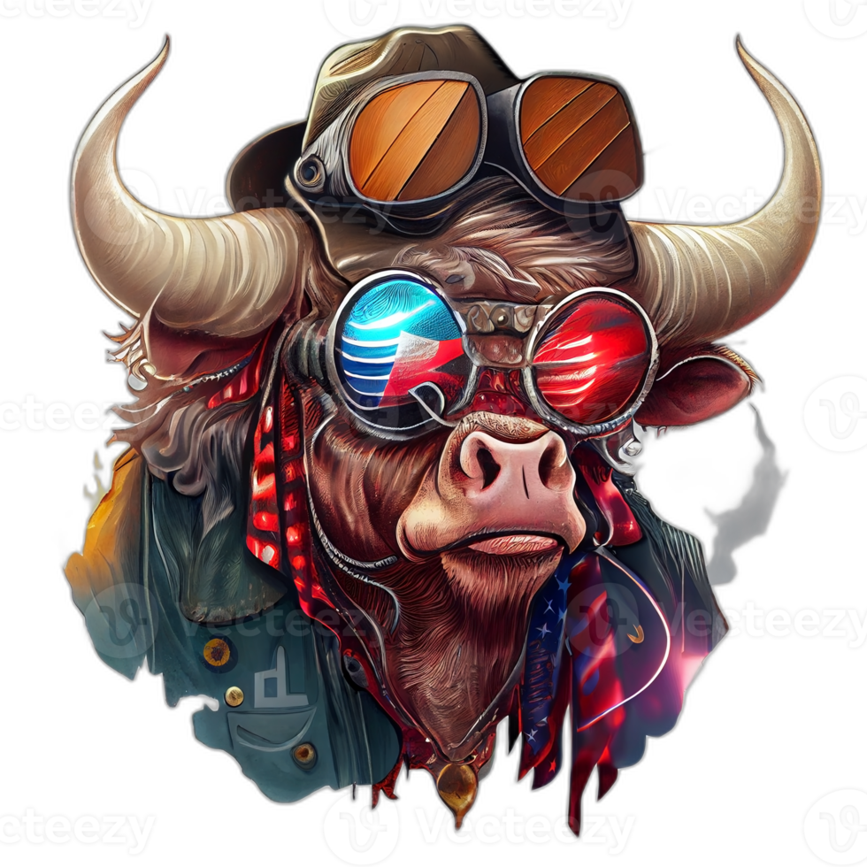 amerikanisch Patriot Stier Kuh, Büffel, Kunstwerk, Illustration, Vektor, Grafik. Amerika Patriotismus Kunst T-Shirt Design, T-Shirt, ai generativ png