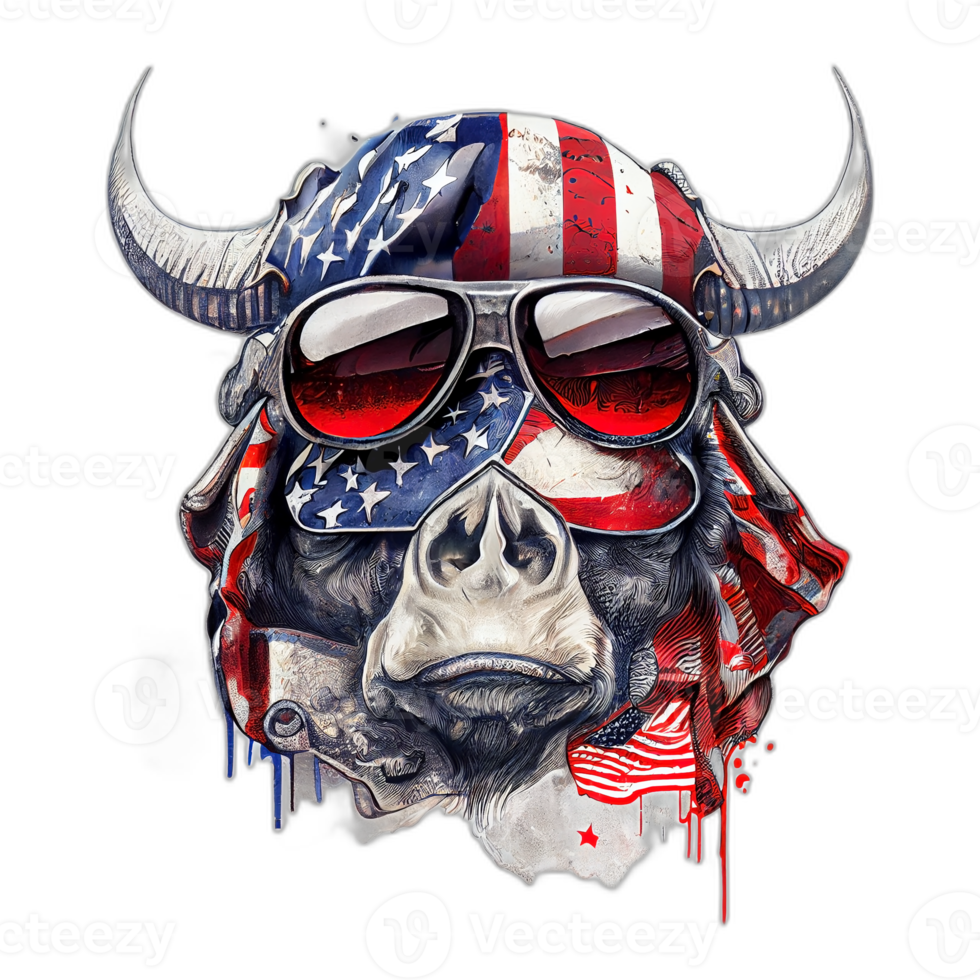 americano patriota toro vaca, búfalo, obra de arte, ilustración, vector, gráfico. America patriotismo Arte camiseta diseño, camiseta, ai generativo png