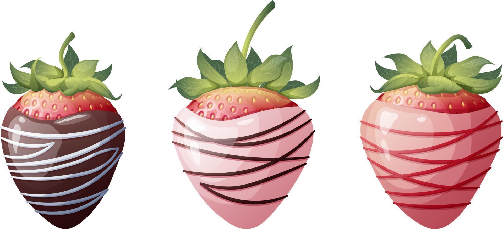 Set of strawberries in chocolate with decoration on an isolated background. Romance, valentine s day, sweet dessert. Vector illustration.