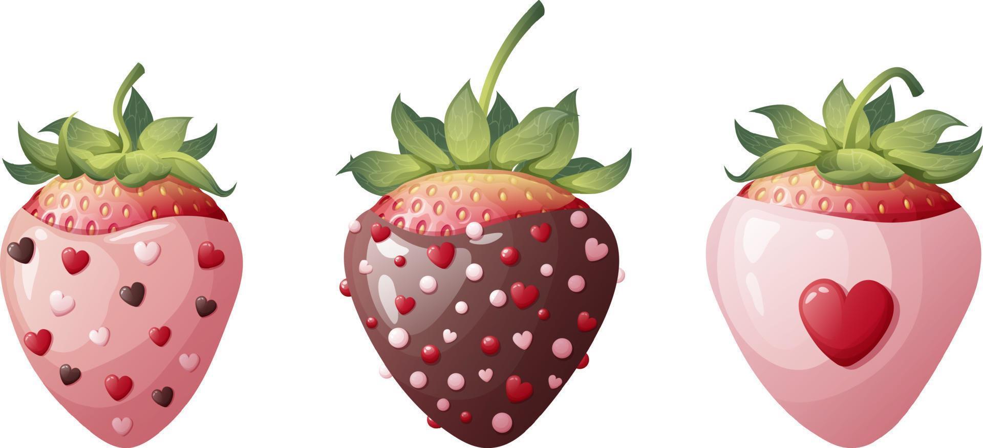 conjunto de fresas en chocolate con decoración en un aislado antecedentes. romance, enamorado s día, dulce postre. vector ilustración.