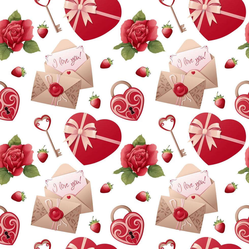 Seamless pattern with rose, castle, gift, strawberry, love letter. Romance, valentine s day. Great for wrapping paper, textiles wallpapers vector