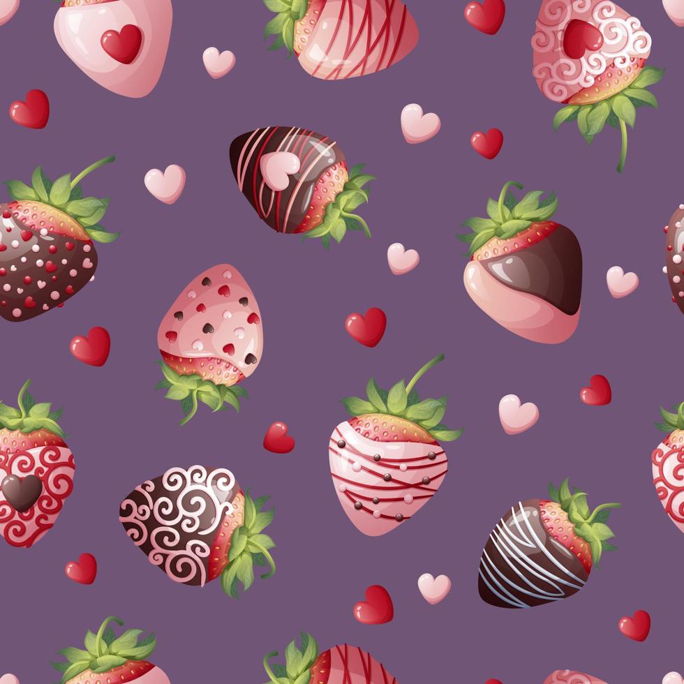 Seamless texture with chocolate covered strawberries on a white background. Romance, valentines day, sweet gift. Suitable for wrapping paper, textile, wallpaper. vector
