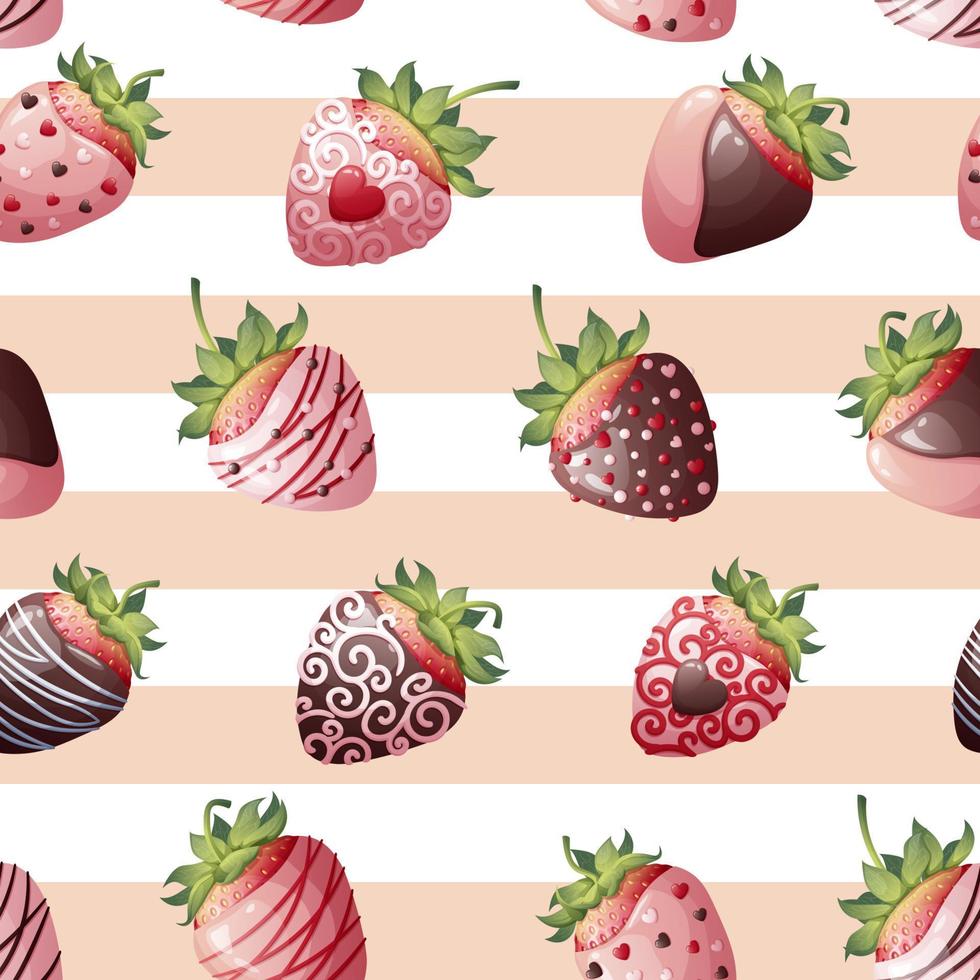 sin costura textura con chocolate cubierto fresas en un a rayas antecedentes. romance, san valentin día, dulce regalo. adecuado para envase papel, textil, fondo de pantalla. vector