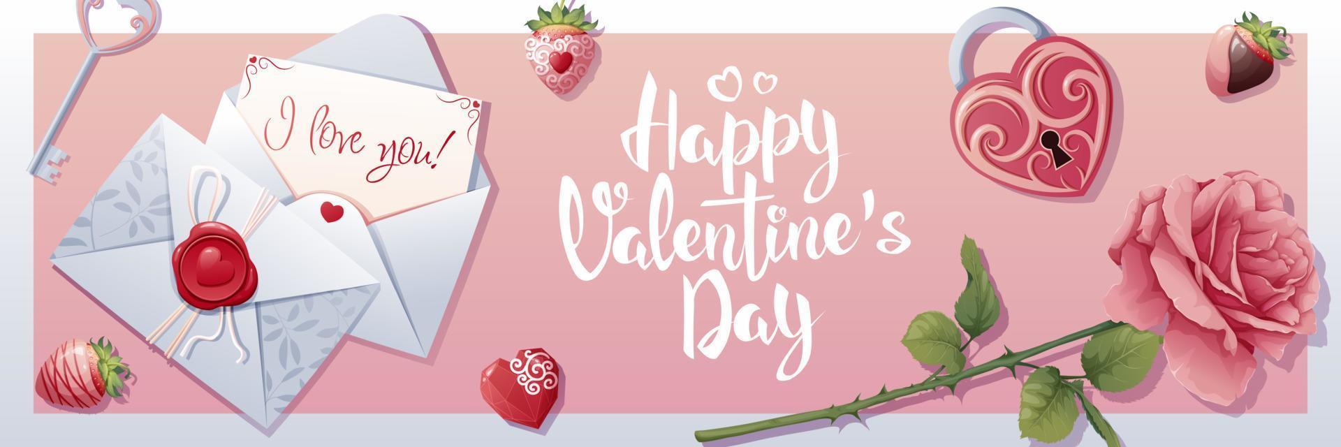 Horizontal banner for valentine s day. Romantic holiday, advertising, holiday greetings. Banner, poster, flyer with love letter, rose and lock with key vector