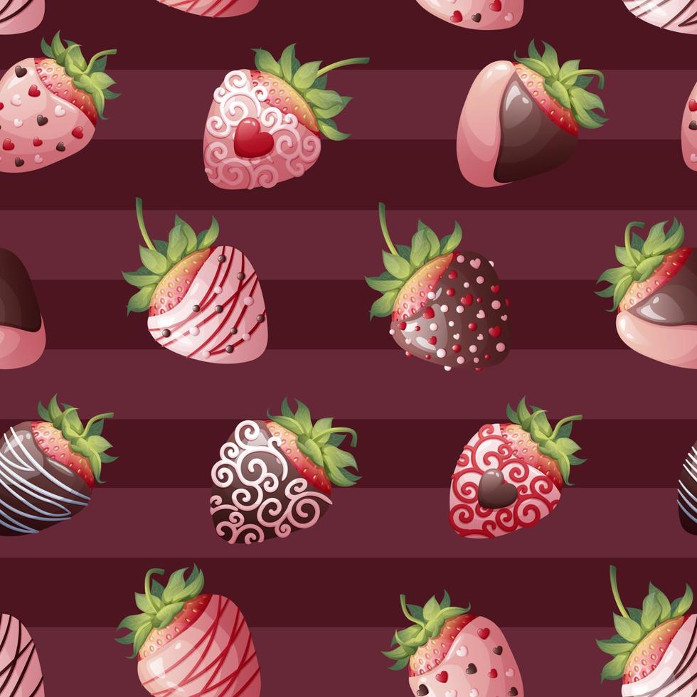 Seamless texture with chocolate covered strawberries on a striped background. Romance, valentines day, sweet gift. Suitable for wrapping paper, textile, wallpaper. vector