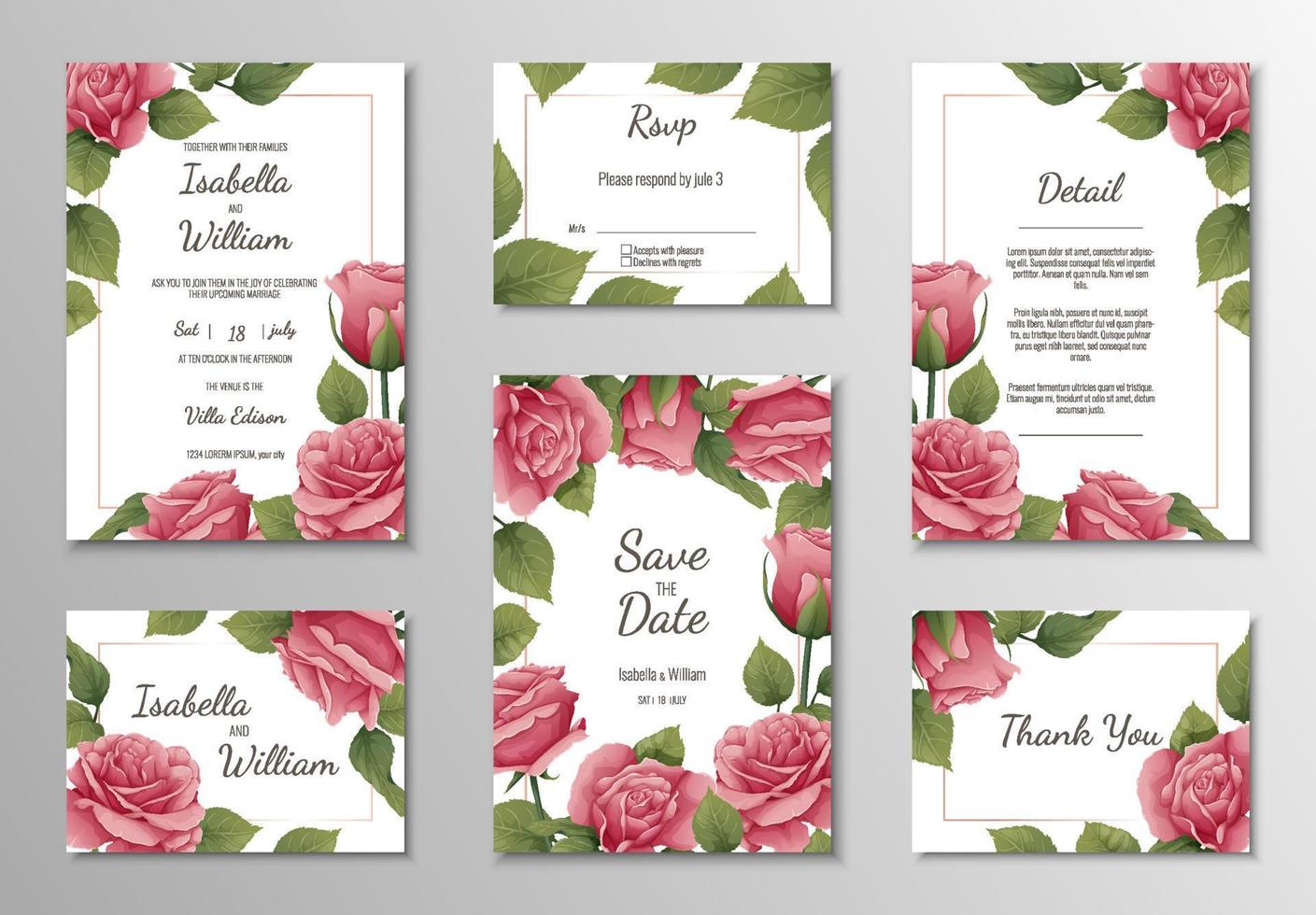 Set of templates with pink roses for wedding invitation. Wedding ceremony, engagement. Banner, postcard, menu for the holiday vector