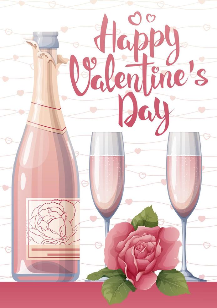 Postcard, flyer template for valentine s day. Romantic holiday, a gift to a loved one. Banner, poster with champagne, glasses and rose vector