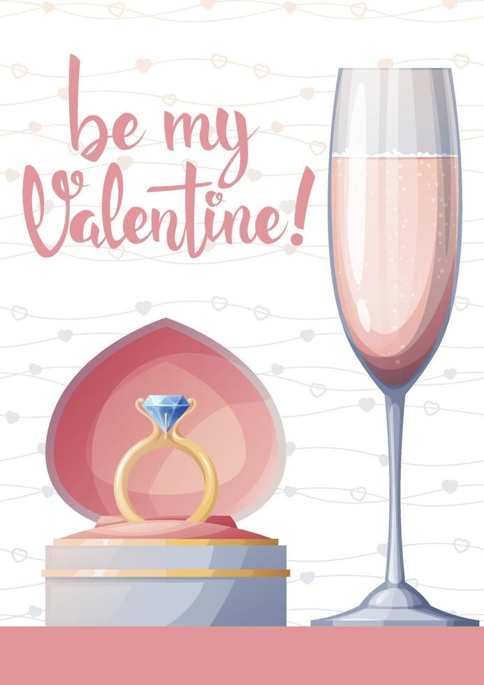 Postcard, flyer template for valentine s day. Romantic holiday, a gift to a loved one. Banner, poster with wedding ring and glass of champagne vector