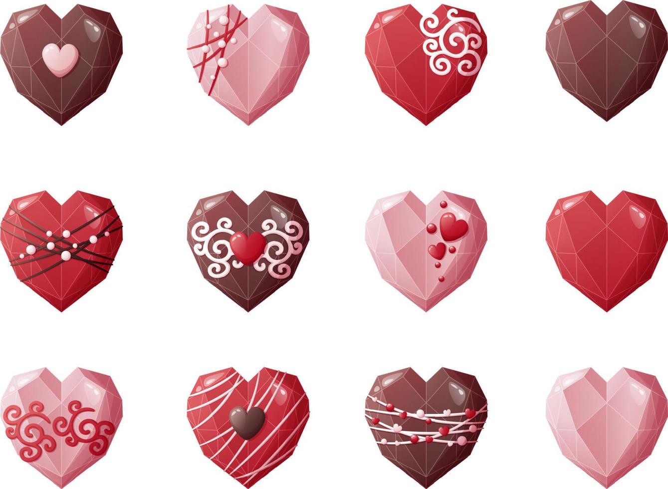 Heart shaped chocolate candy set on an isolated background. Sweets for Valentine s Day with delicious icing and decorations. Vector icons, stickers,