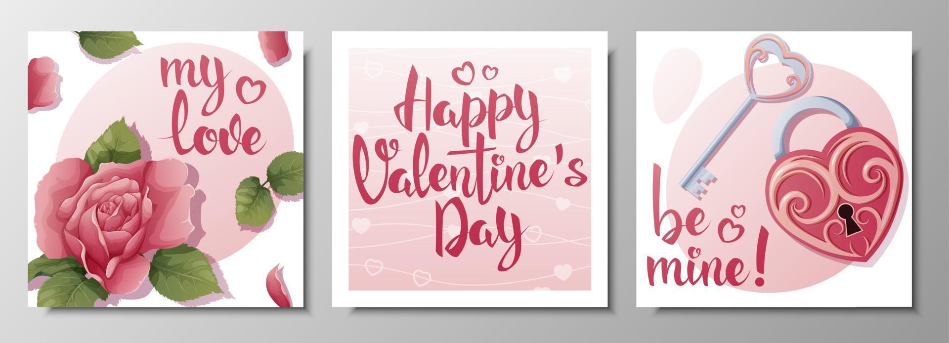 conjunto de cuadrado saludo tarjetas para enamorado s día. un rosa, un en forma de corazon cerrar con llave. póster, bandera, volantes con escrito Felicidades. vector