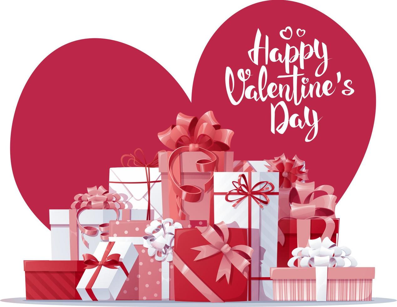 Postcard with gift boxes for valentine s day. Big pile of gifts with satin bows. Banner, poster, background for a romantic holiday. vector