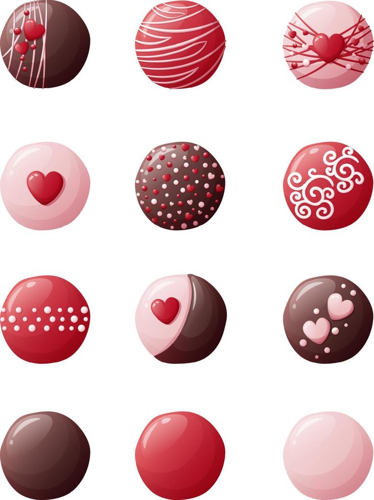 Set of chocolate sweets on an isolated background. Sweets for Valentine s Day with delicious icing and decorations. Vector icons, stickers.