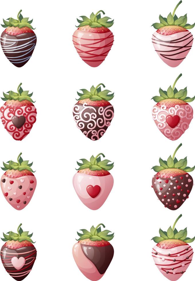 Set of strawberries in chocolate with decoration on an isolated background. Romance, valentine s day, sweet dessert. Vector illustration.