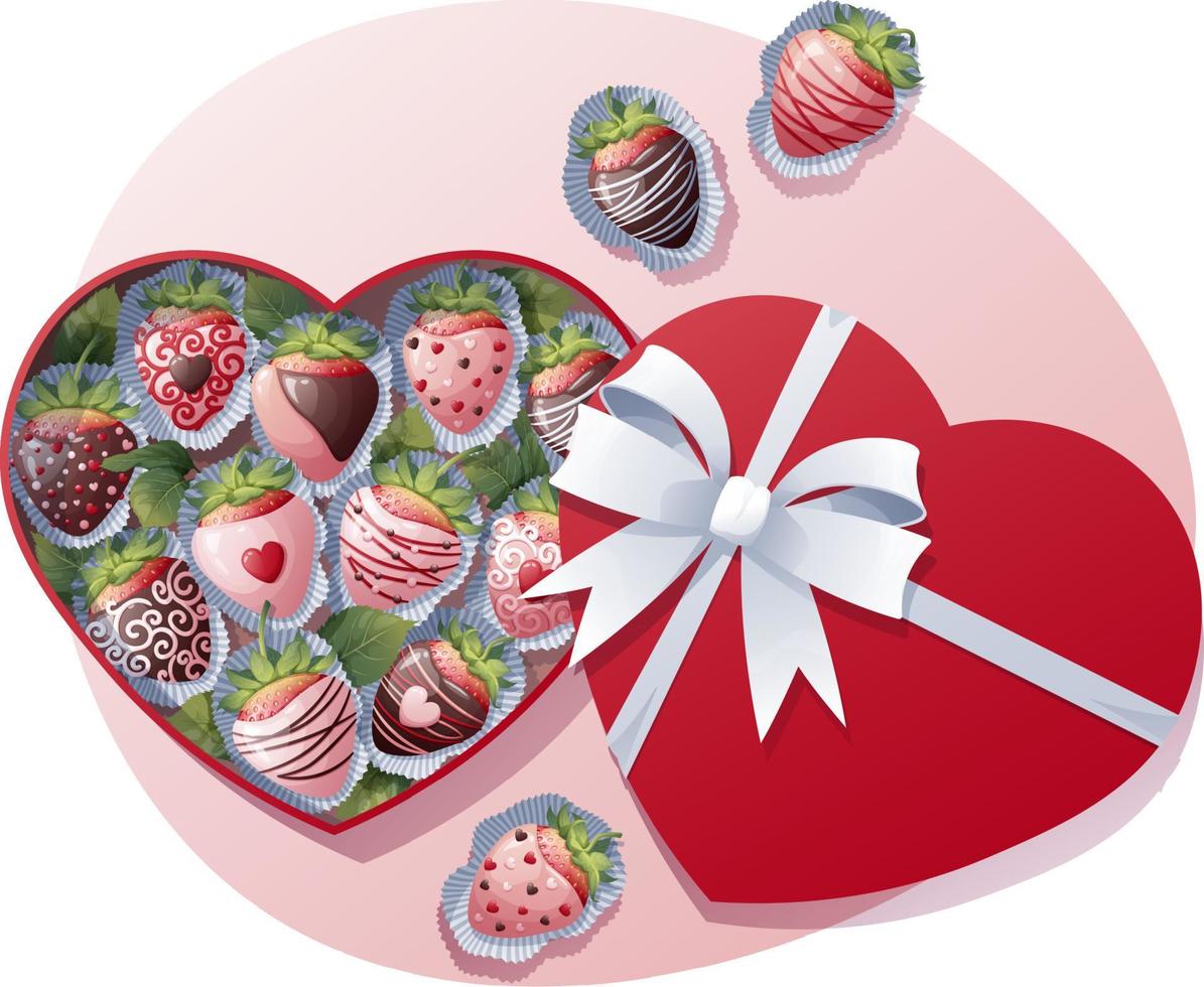 Strawberries in chocolate in a heart shaped box. Beautiful gift on a white background.Valentine s Day. Vector illustration.