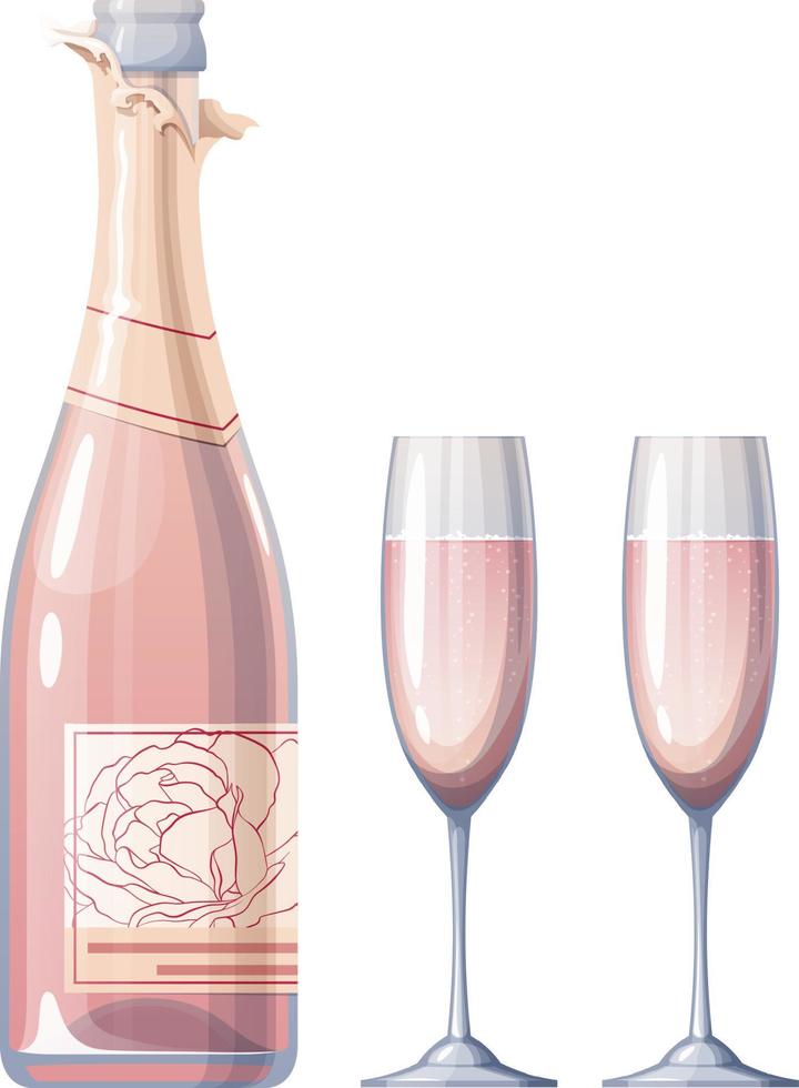 Pink champagne with glasses for valentine s day on a white background. Holiday, romance. Bottle of sparkling wine. Vector illustration
